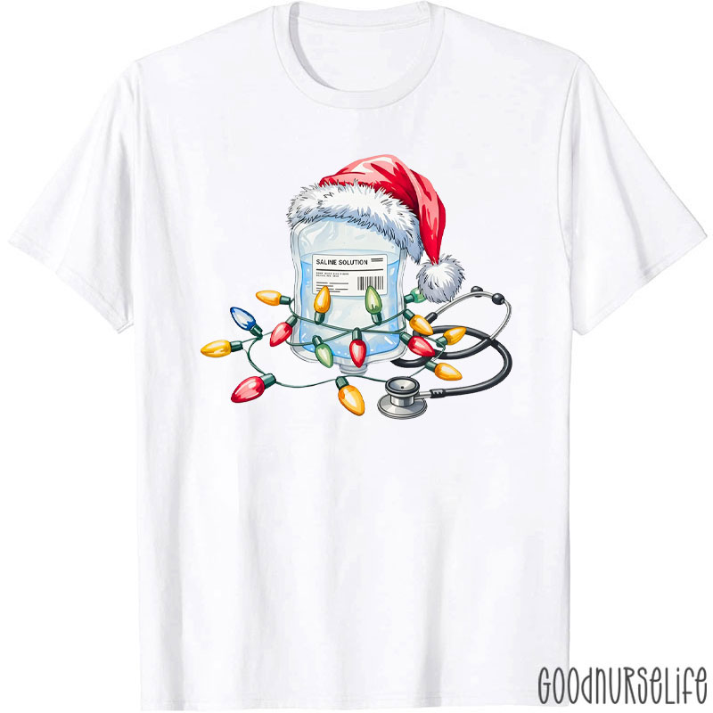 Santa Hat Saline Bag With Festive Lights Nurse T-Shirt