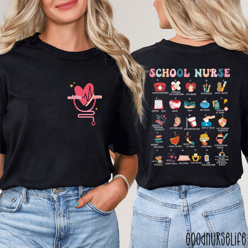 Personalized Name Stethoscope School Nurse Two Sided T-Shirt