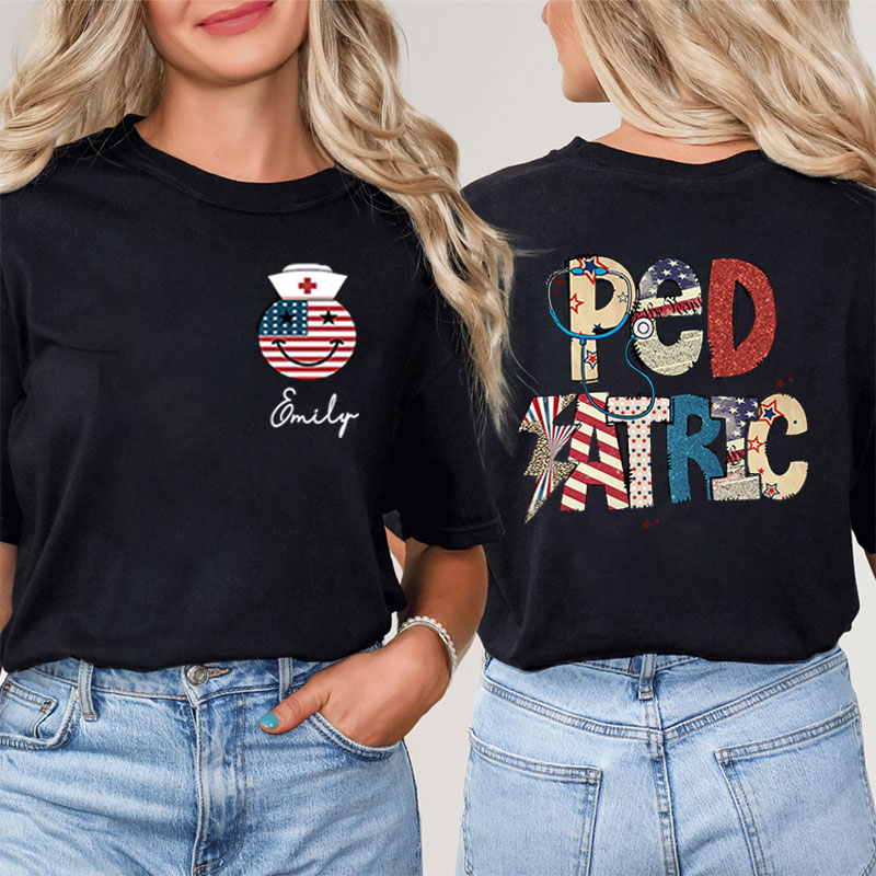 Personalized US Flag Nurse Two Sided T-Shirt