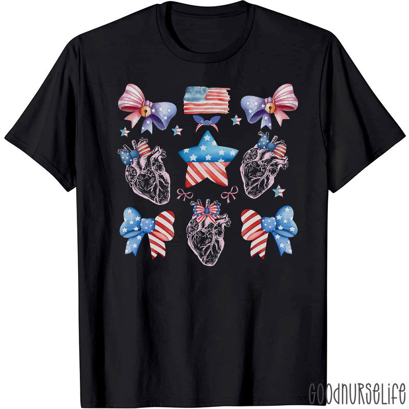 American Flag Bow Star And Heart Nurse T-Shirt
