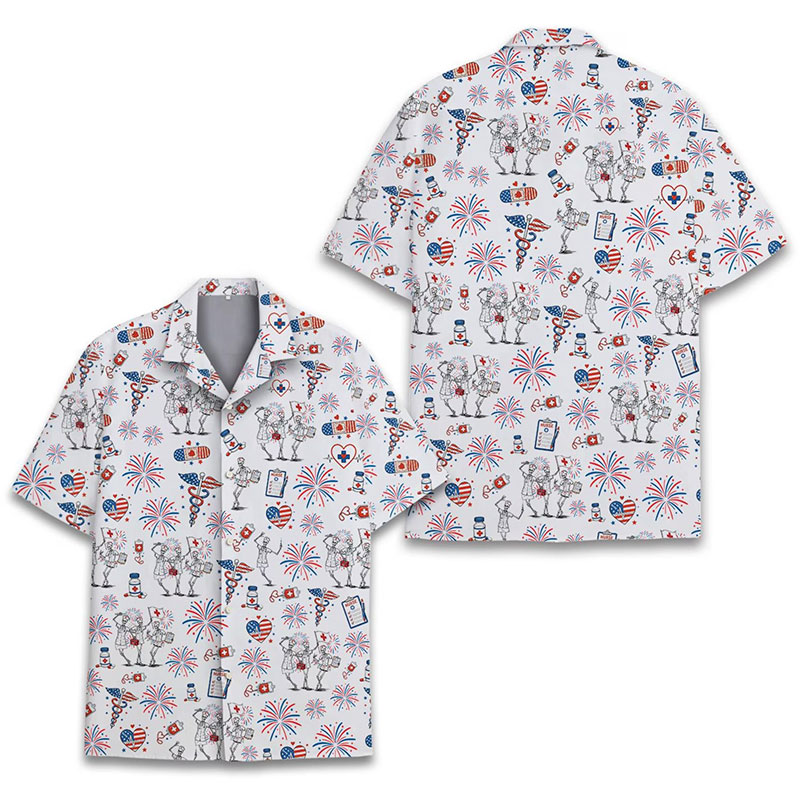 Skeleton Medical Caduceus Firework Nurse Short Sleeve Shirt