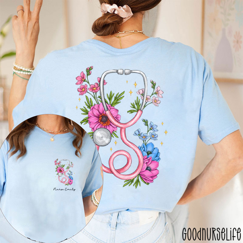 Personalized Floral Stethoscope Nurse Two Sided T-Shirt