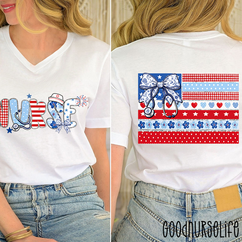 American Flag Floral Nurse Female V-Neck Two Sided T-Shirt