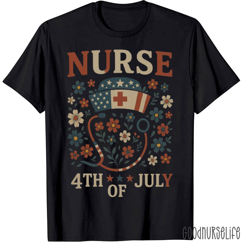 4th Of July Nurse Flower Stethoscope Nurse T-Shirt