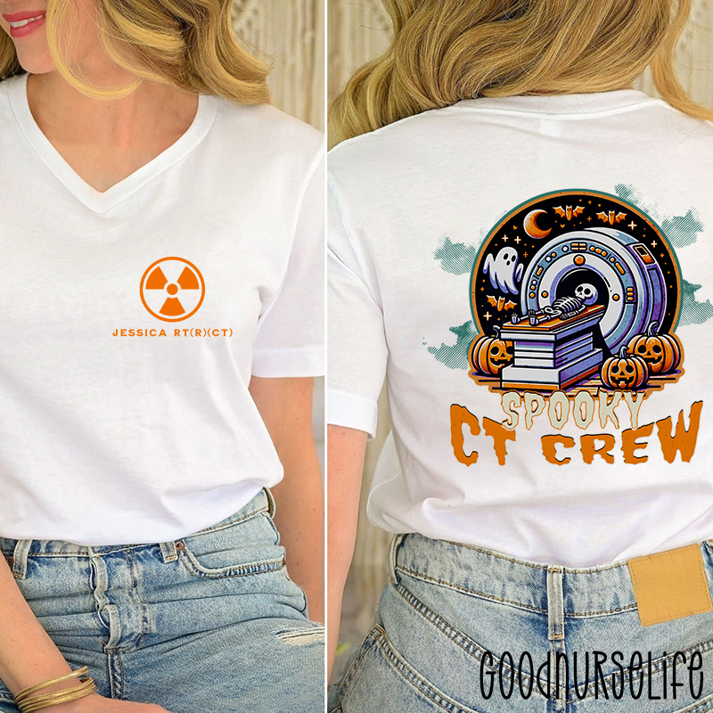 Personalized Halloween Radiology Spooky CT Crew Female V-Neck Two Sided T-Shirt