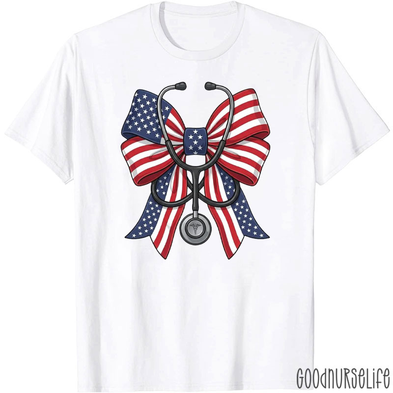 4th Of July American Flag Bow Stethoscope Nurse T-Shirt
