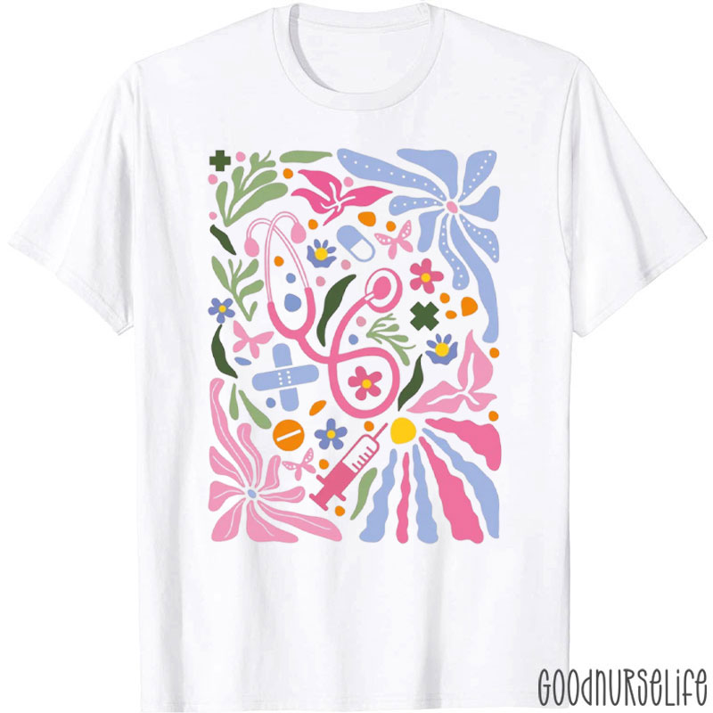 Floral Nurse Heart Stethoscope Nurse T-Shirt