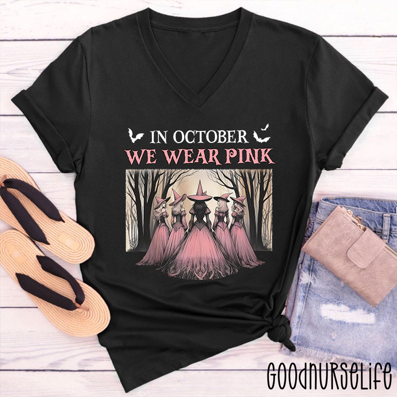 October Pink Witches Nurse Female V-Neck T-Shirt