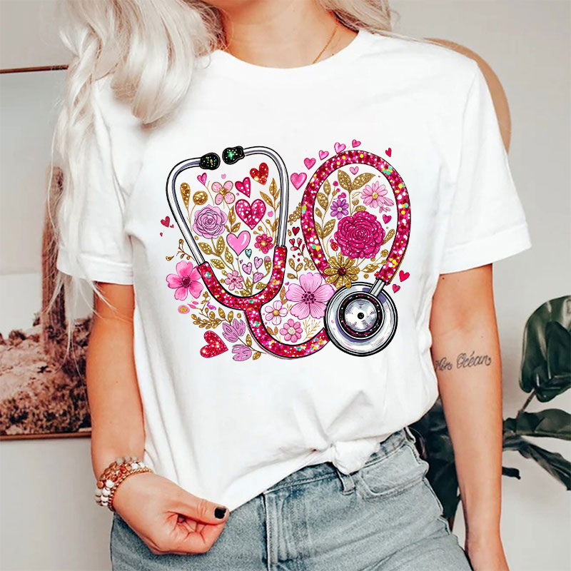 Faux Glitter Floral Stethoscope Nurse T-shirt