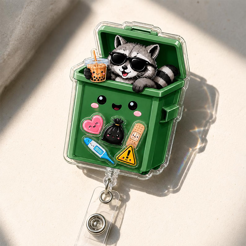 Raccoon Trash Can Nurse Shaker Badge Reel