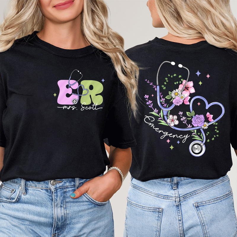 Personalized Name Emergency Nurse Two Sided T-Shirt