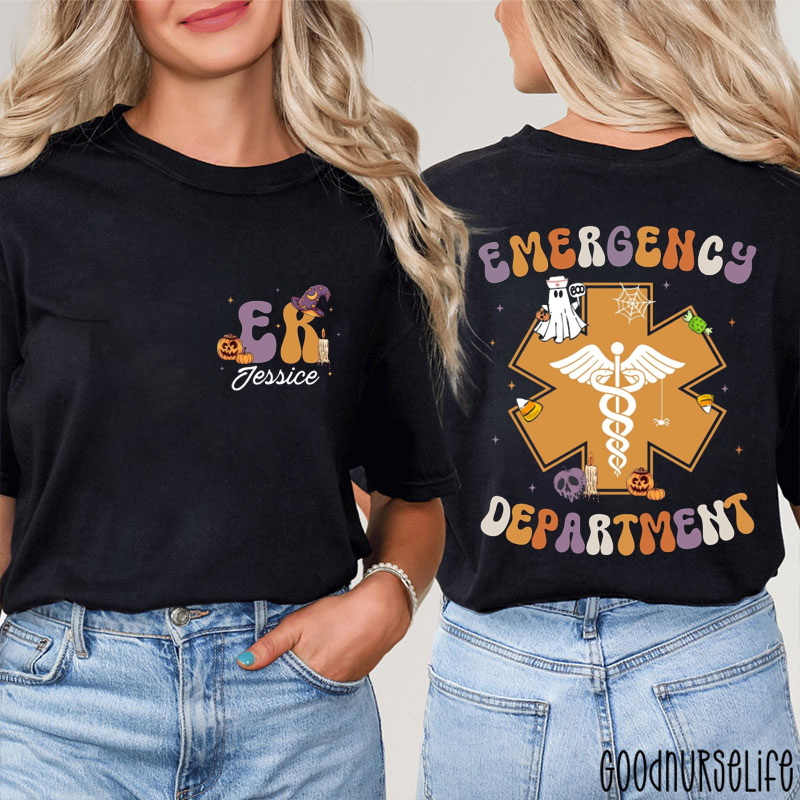 Personalized Cute Ghost Emergency Department Nurse Two Sided T-Shirt