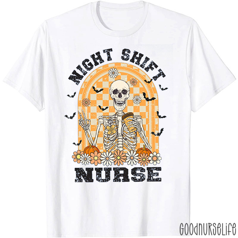 Retro Flower Skeleton Night Shift Nurse T-Shirt