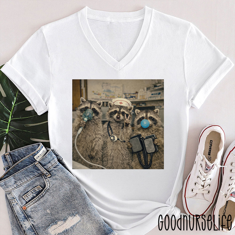 Nunny Emergency Room Raccoon Nurse Female V-Neck T-Shirt