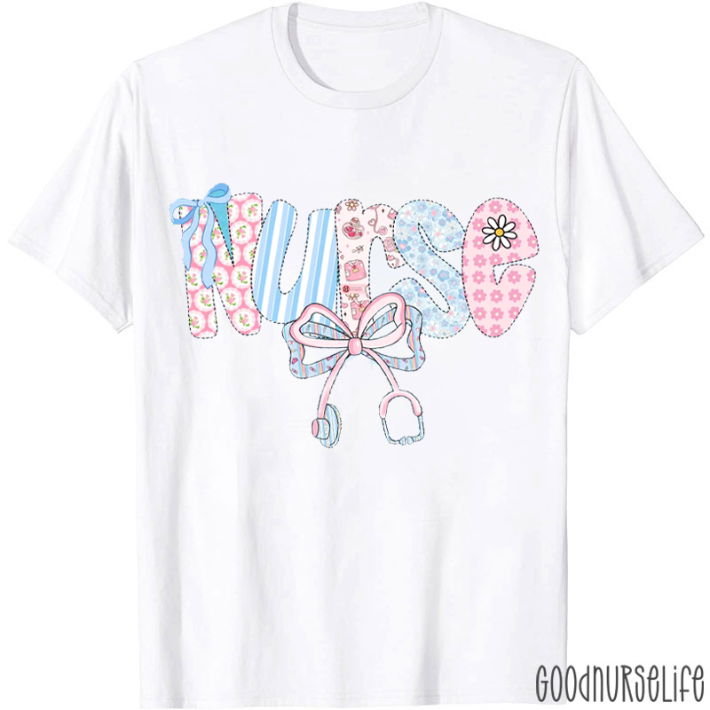 Personalized Pink And Blue Stethoscope Bow Tie Flower Print Nurse T-Shirt