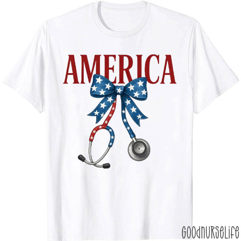 America Stethoscope Bow 4th Of July Nurse T-Shirt