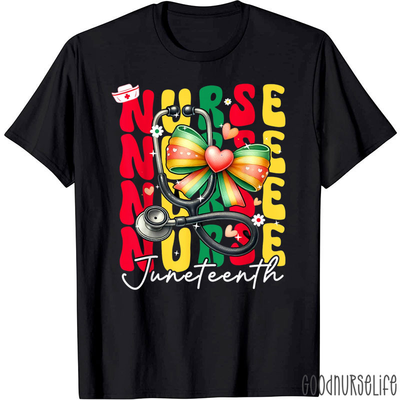 Juneteenth Scrubs Groovy African Bow Juneteenth Nurse T-Shirt