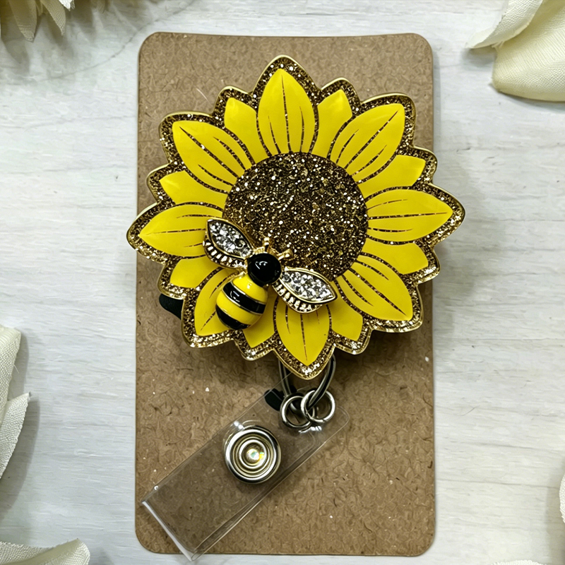 Gliter Sunflower And Bee Badge Reel