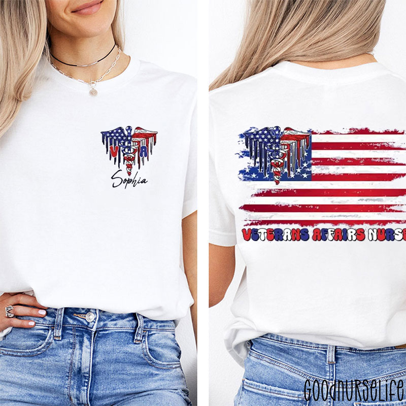 Personalized American Flag And Caduceus Nurse Two Sided T-Shirt