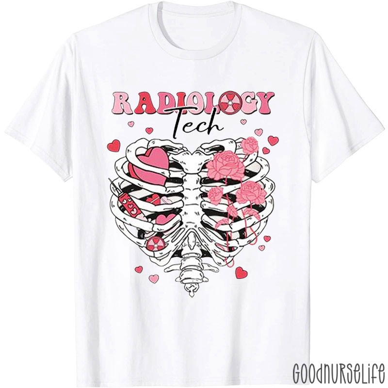 Radiology Tech Skeleton Heart And Rose Nurse T-Shirt