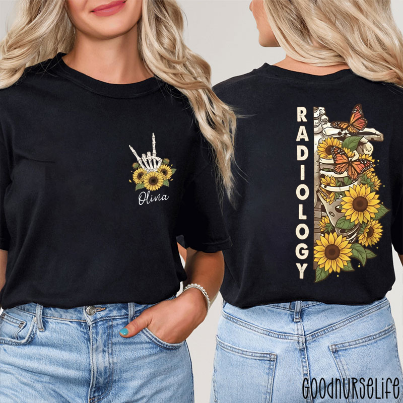 Personalized Sunflower And Skeleton Radiology Two Sided T-Shirt