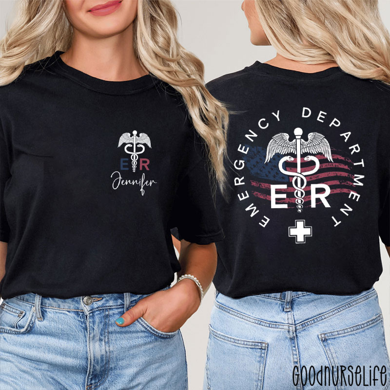 Personalized 4th Of July Patriotic Emergency Department Nurse Two Sided T-Shirt