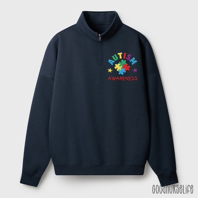 Colorful Puzzle Embroidered Autism Awareness Quarter Zip Sweatshirt