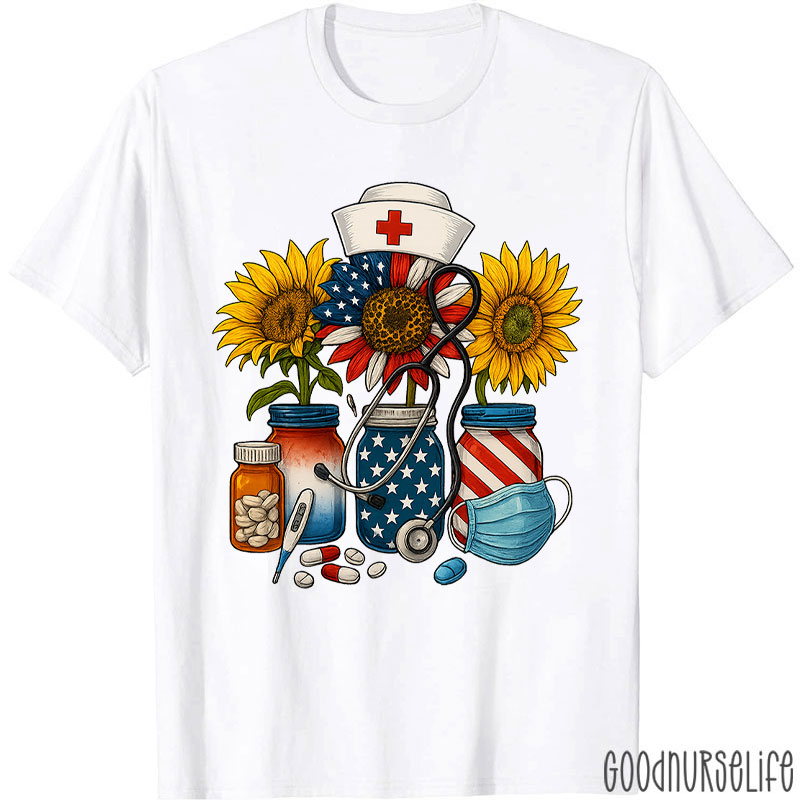 4th Of July Sunflower USA Flag Floral Nurse T-Shirt