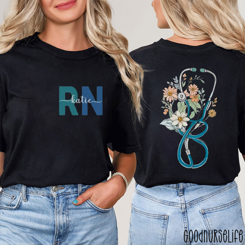 Personalized RN Floral Stethoscope Nurse Two Sided T-Shirt