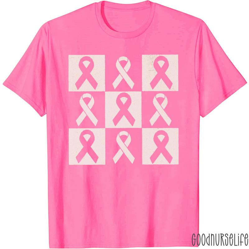 Checkerboard Pink Ribbon Breast Cancer Awareness Nurse T-Shirt