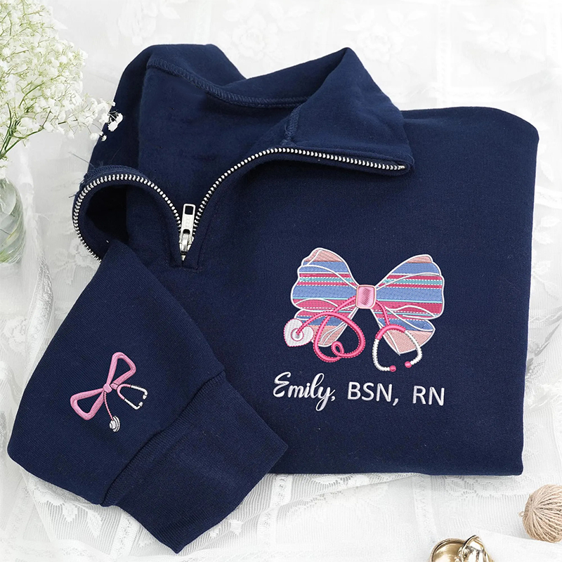 Personalized  Bow Stethoscope Nurse Quarter Zip Sweatshirt