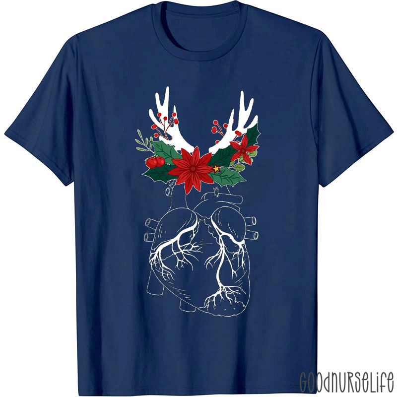 Anatomical Heart With Reindeer Antlers And Poinsettias T-Shirt
