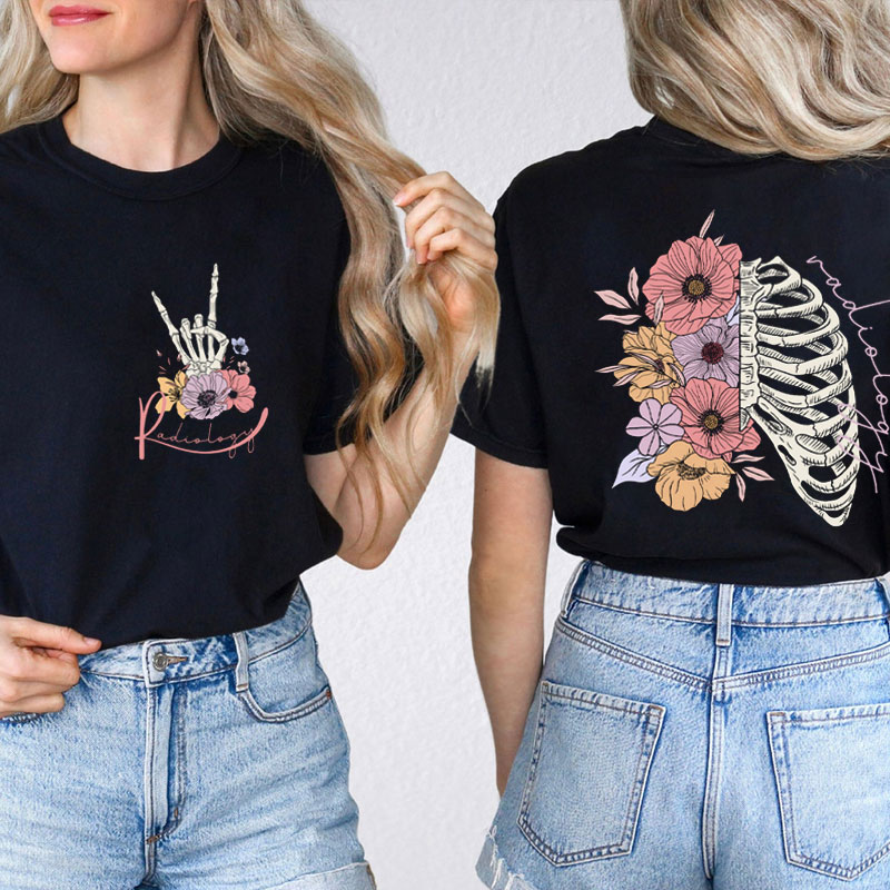 Rad Tech Floral Skeleton Nurse Two Sided T-Shirt