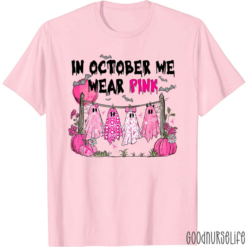 Breast Cancer Awareness October Pink Ghosts Nurse T-Shirt