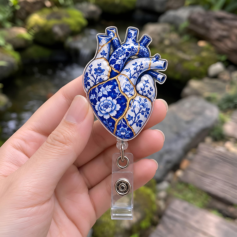 Blue And White Porcelain Style Heart Badge Reel