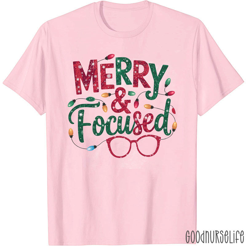 Merry And Focused With Christmas Lights And Glasses T-Shirt