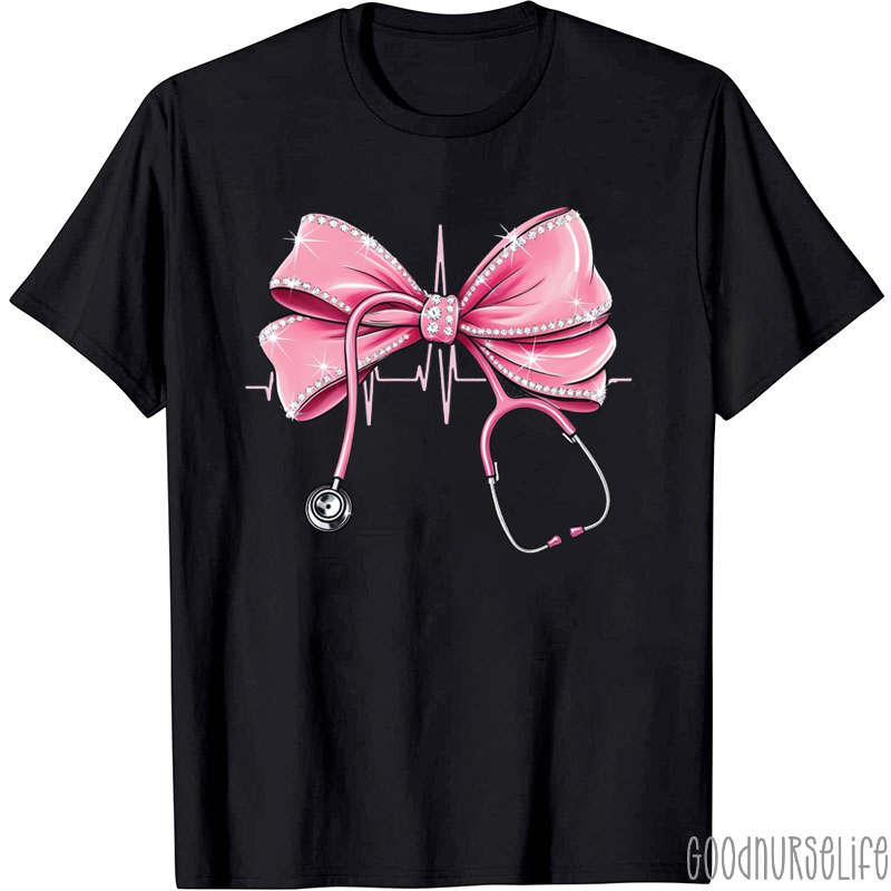 Pink Bow Tie Stethoscope Nurse T-Shirt