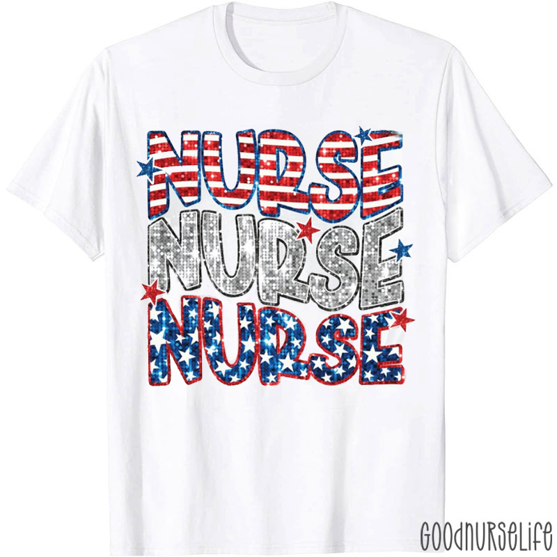 Glitter Star And Strip Flag Nurse T-Shirt