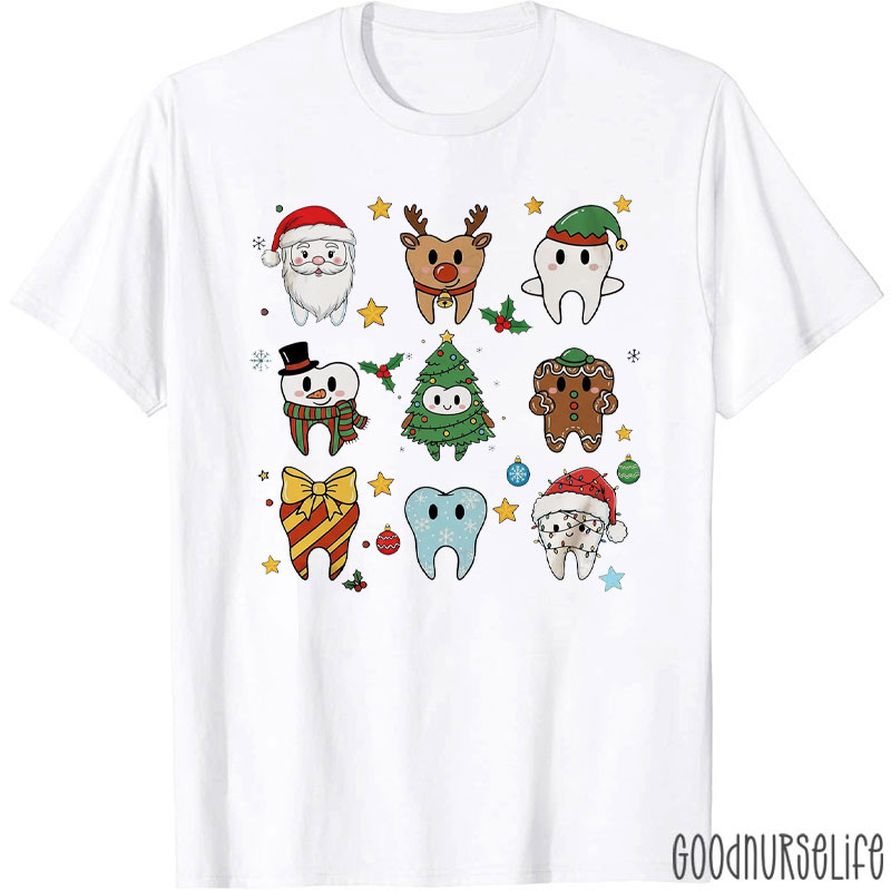 Dental Christmas Whimsy Tooth Characters In Holiday Costumes T-Shirt