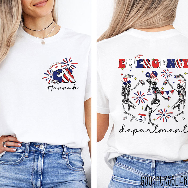 Personalized Emergency Department 4th Of July Skeleton Nurse Two Sided T-Shirt