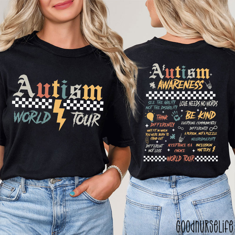 Autism World Tour Be Kind Think Differently Two Sided T-Shirt