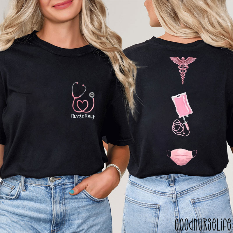 Personalized Pink Heart Stethoscope Nurse Two Sided T-Shirt