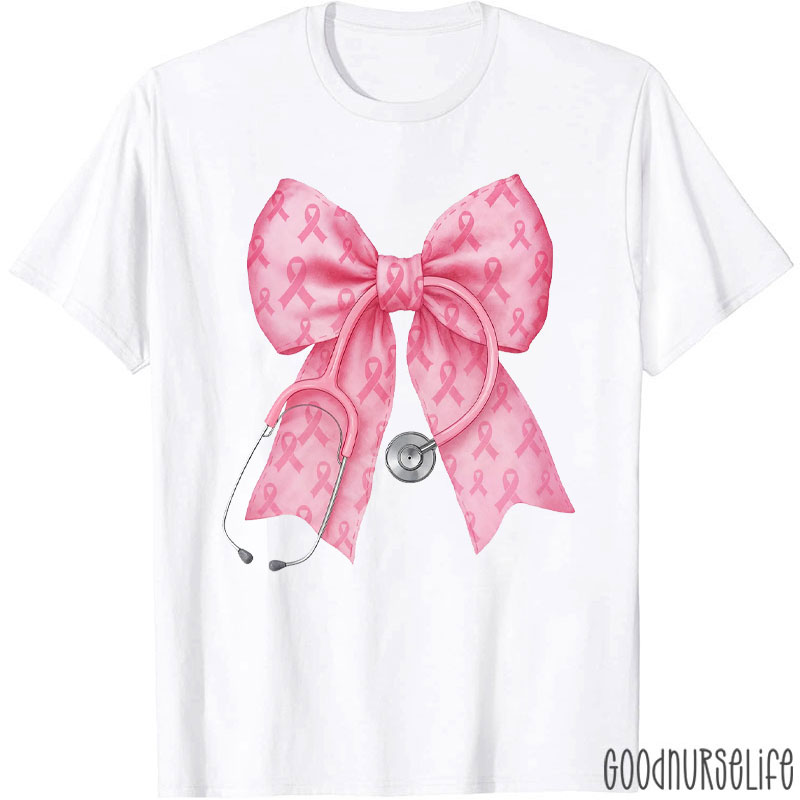 Breast Cancer Awareness Bow With Stethoscope Nurse T-Shirt
