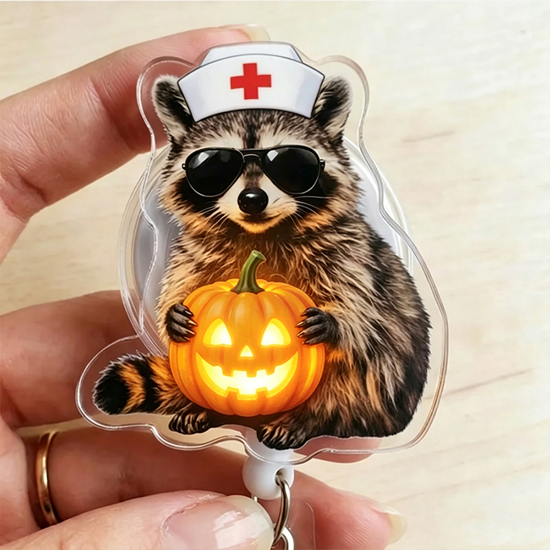 Halloween Nurse Raccoon Badge Reel