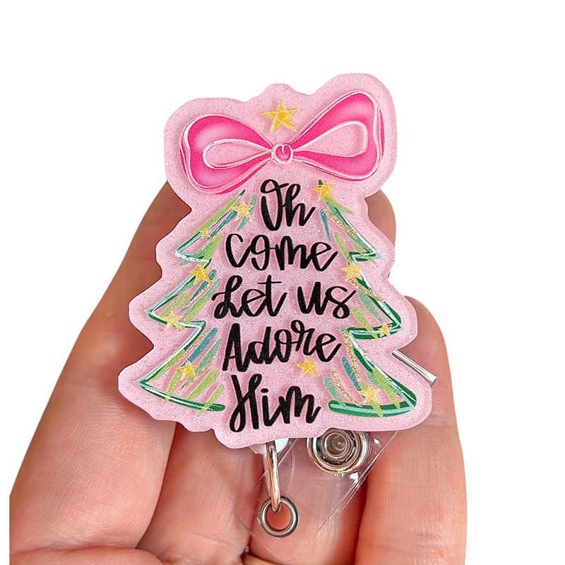 Oh Come Let Us Adore Him Pink Christmas Tree Badge Reel