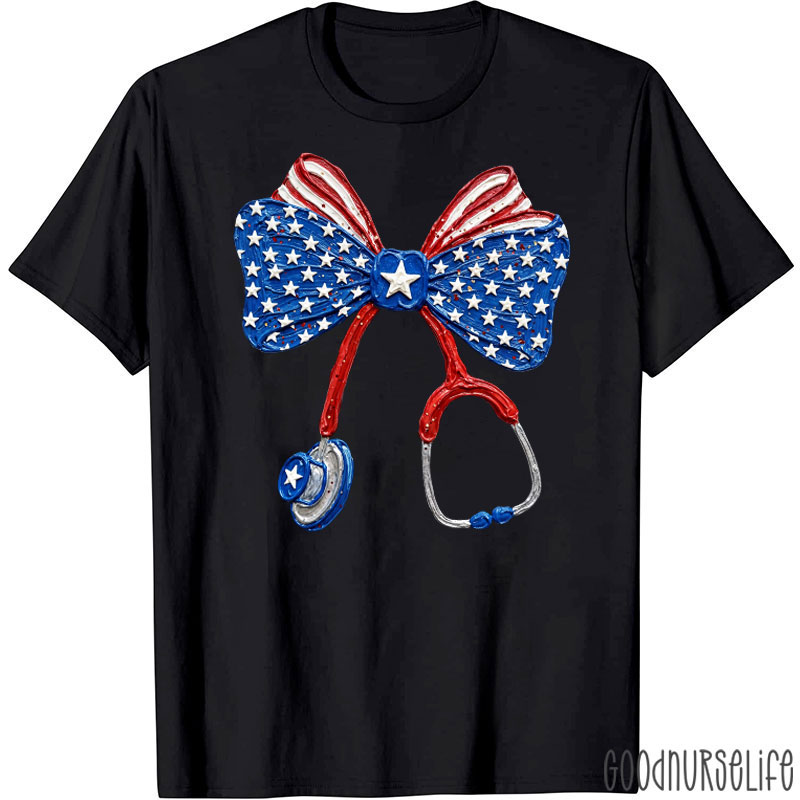 4th of July Patriotic Stethoscope Bow Nurse T-Shirt