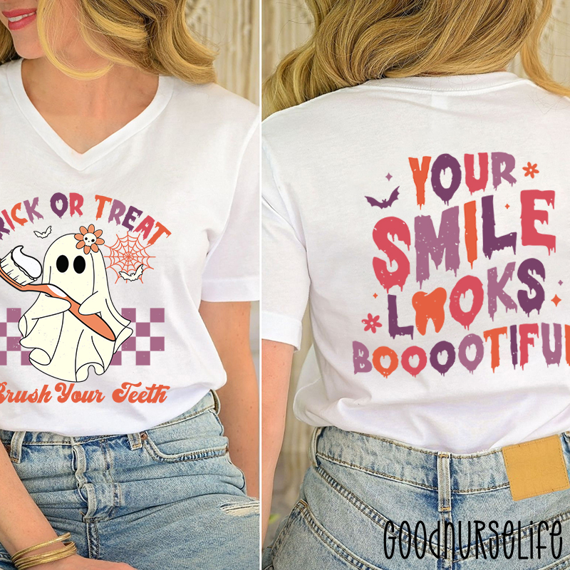 Trick Or Treat Brush Your Teeth Dentist Halloween Female V-Neck Two Sided T-Shirt