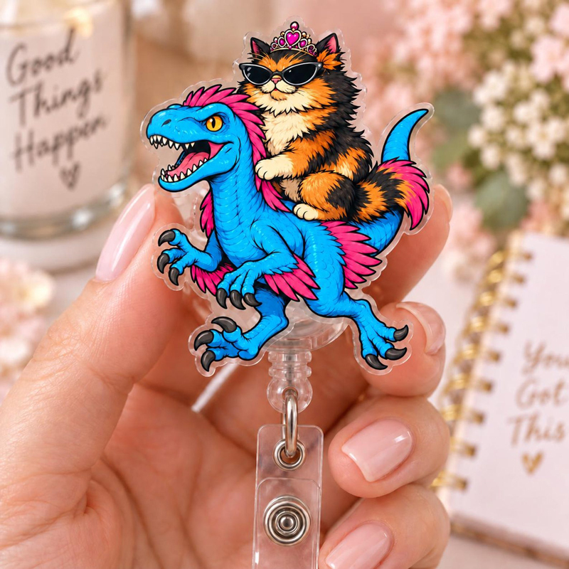 Cat Princess Riding Raptor Badge Reel