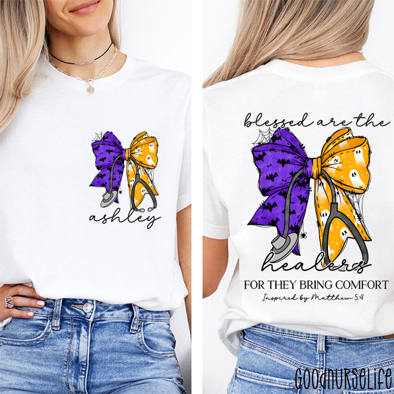Personalized Halloween Bow Stethoscope Nurse Two Sided T‑Shirt