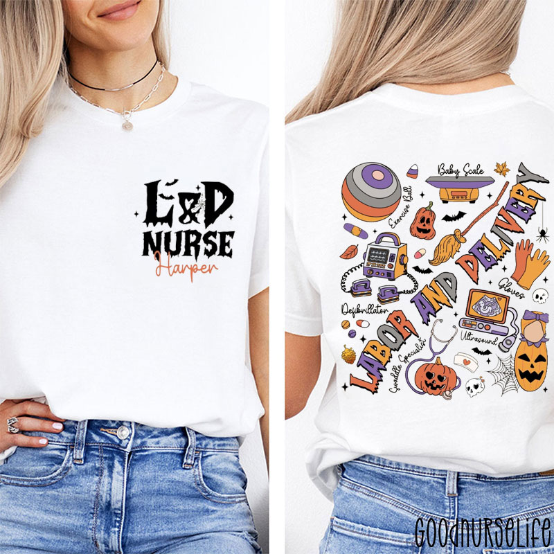 Personalized Spooky Season Labor And Delivery Nurse Two Sided T-Shirt